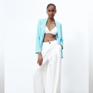 ZARA Bright Blue Gingham Check Linen Blend Blazer L